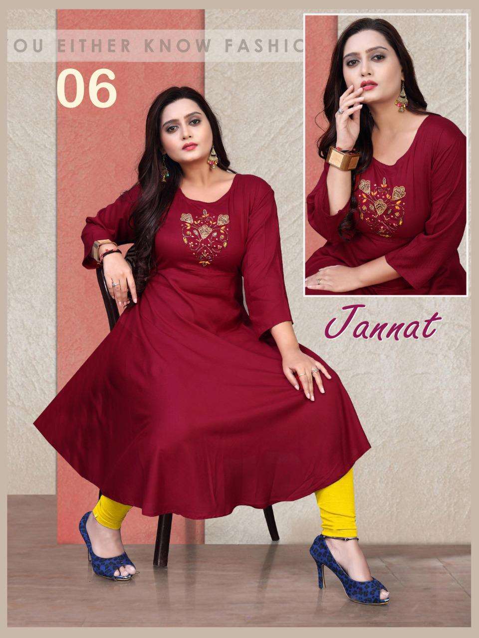 New Riyaa Jannat Vol.4 Rayon 14 Kg Handwork Gown Kurti Length 50 and Ghera 48 KURTI CATALOG WHOLESALER BEST RATE
