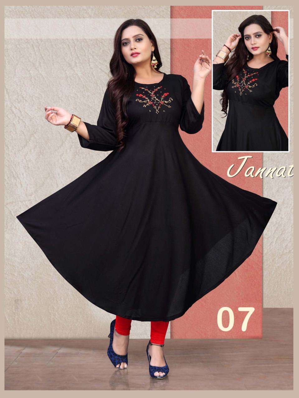 New Riyaa Jannat Vol.4 Rayon 14 Kg Handwork Gown Kurti Length 50 and Ghera 48 KURTI CATALOG WHOLESALER BEST RATE