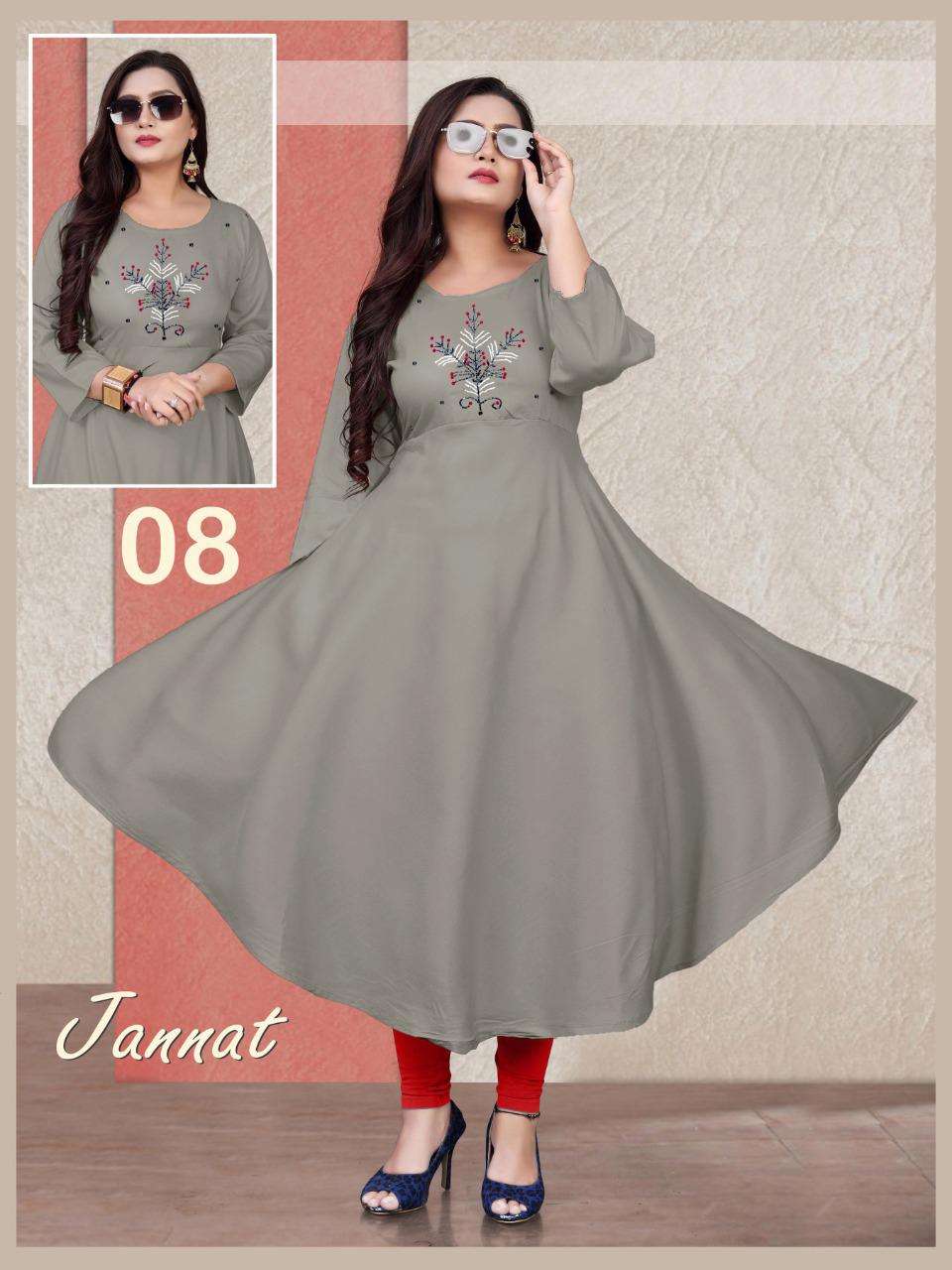 New Riyaa Jannat Vol.4 Rayon 14 Kg Handwork Gown Kurti Length 50 and Ghera 48 KURTI CATALOG WHOLESALER BEST RATE