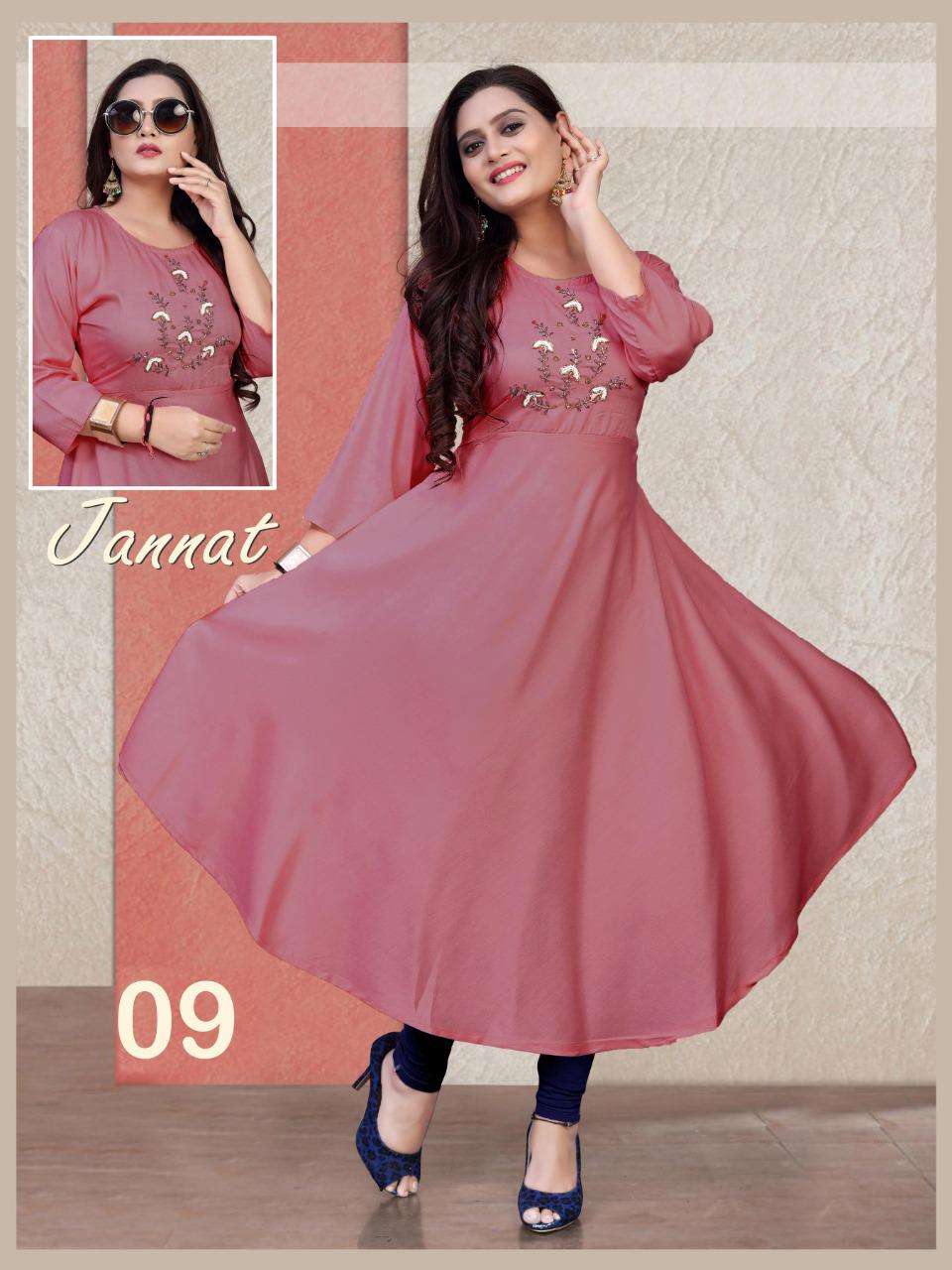 New Riyaa Jannat Vol.4 Rayon 14 Kg Handwork Gown Kurti Length 50 and Ghera 48 KURTI CATALOG WHOLESALER BEST RATE