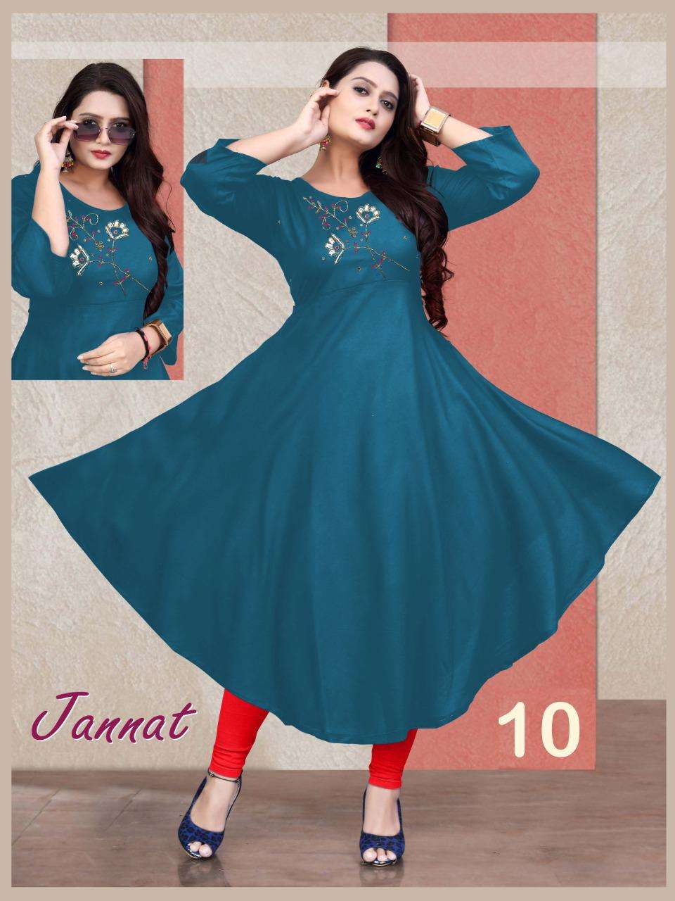 New Riyaa Jannat Vol.4 Rayon 14 Kg Handwork Gown Kurti Length 50 and Ghera 48 KURTI CATALOG WHOLESALER BEST RATE