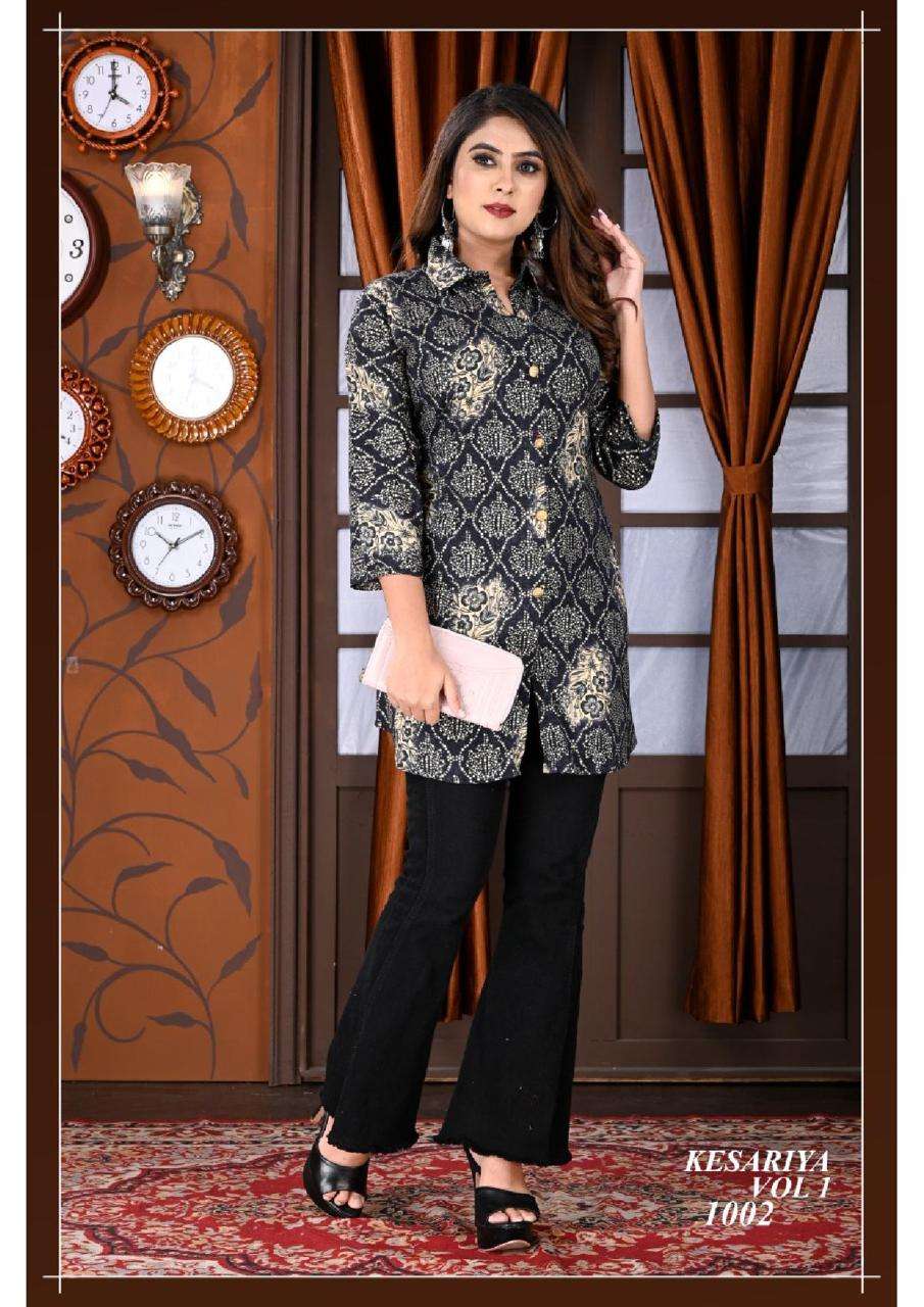 New Riyaa Kesariya Vol.1 Heavy Rayon Foil print Collar Style Short top CATALOG WHOLESALER BEST RATE
