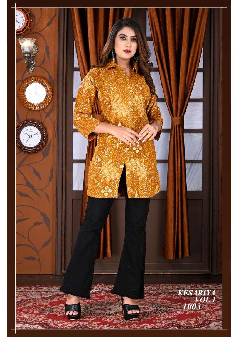 New Riyaa Kesariya Vol.1 Heavy Rayon Foil print Collar Style Short top CATALOG WHOLESALER BEST RATE