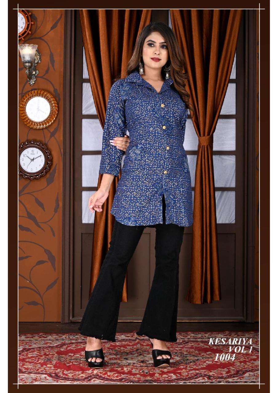 New Riyaa Kesariya Vol.1 Heavy Rayon Foil print Collar Style Short top CATALOG WHOLESALER BEST RATE
