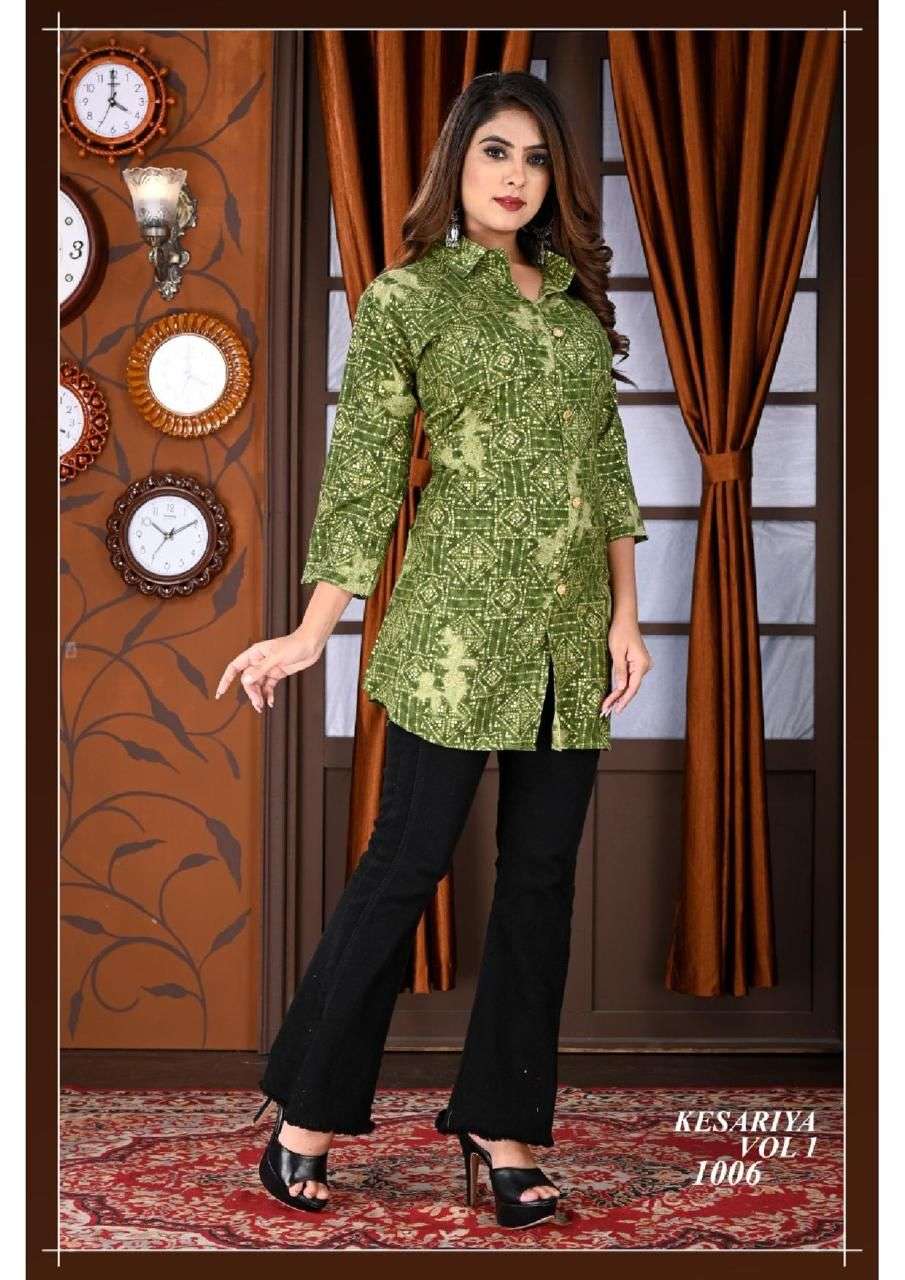 New Riyaa Kesariya Vol.1 Heavy Rayon Foil print Collar Style Short top CATALOG WHOLESALER BEST RATE