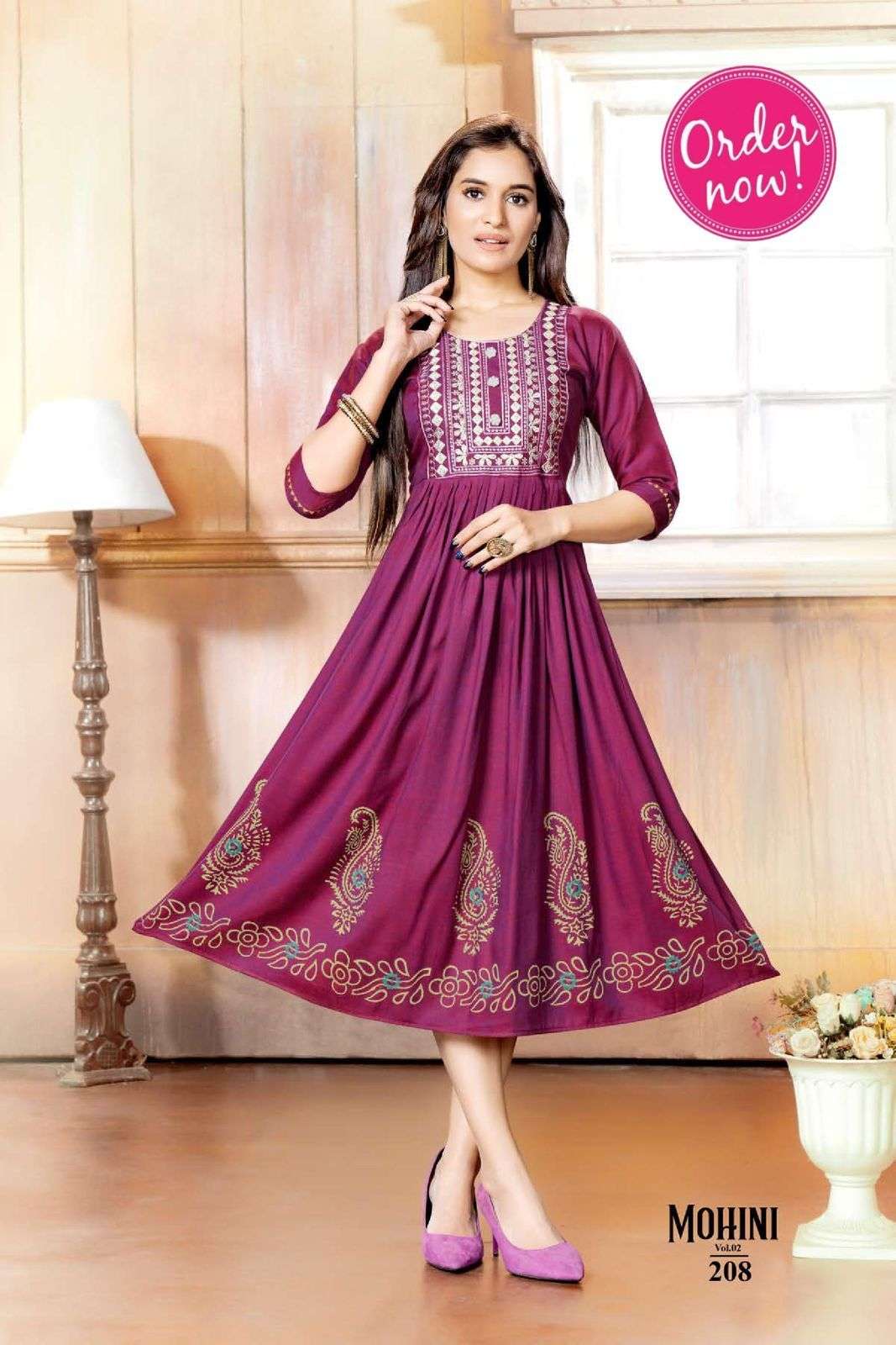 NEW RIYAA MOHINI VOL-2  HEAVY RAYON TWOTONE PRINT EMBROIDERY  WORK KURTI CATALOG WHOLESALER BEST RATE