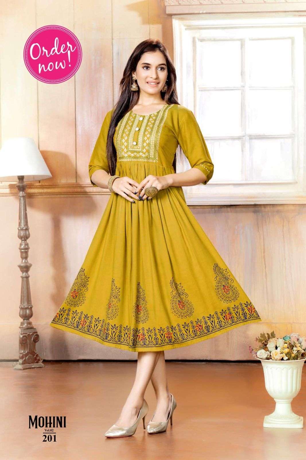 NEW RIYAA MOHINI VOL-2  HEAVY RAYON TWOTONE PRINT EMBROIDERY  WORK KURTI CATALOG WHOLESALER BEST RATE