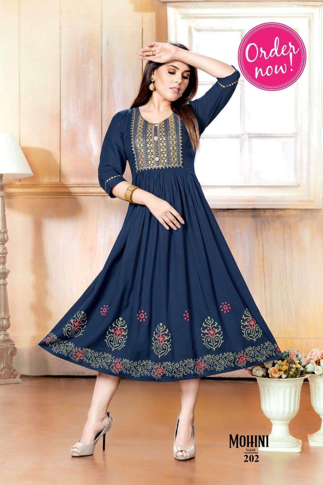 NEW RIYAA MOHINI VOL-2  HEAVY RAYON TWOTONE PRINT EMBROIDERY  WORK KURTI CATALOG WHOLESALER BEST RATE