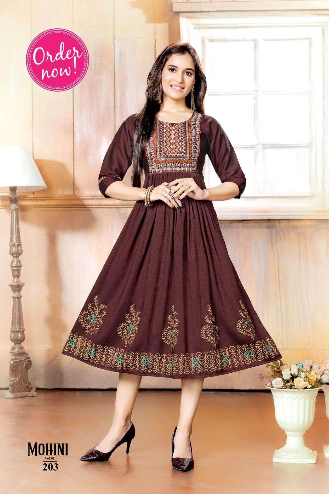 NEW RIYAA MOHINI VOL-2  HEAVY RAYON TWOTONE PRINT EMBROIDERY  WORK KURTI CATALOG WHOLESALER BEST RATE