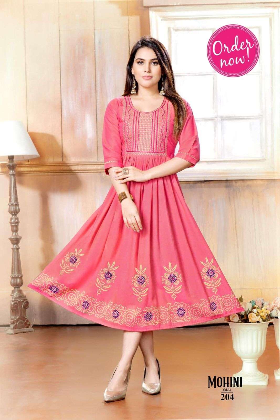 NEW RIYAA MOHINI VOL-2  HEAVY RAYON TWOTONE PRINT EMBROIDERY  WORK KURTI CATALOG WHOLESALER BEST RATE