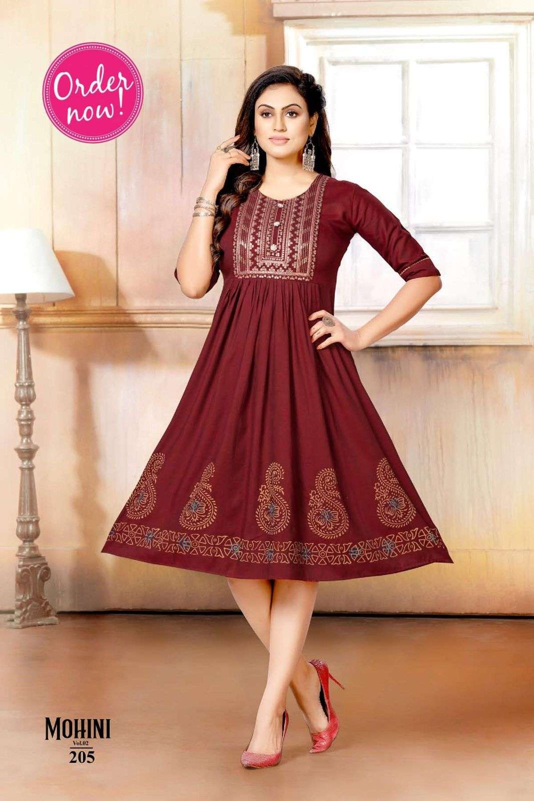 NEW RIYAA MOHINI VOL-2  HEAVY RAYON TWOTONE PRINT EMBROIDERY  WORK KURTI CATALOG WHOLESALER BEST RATE