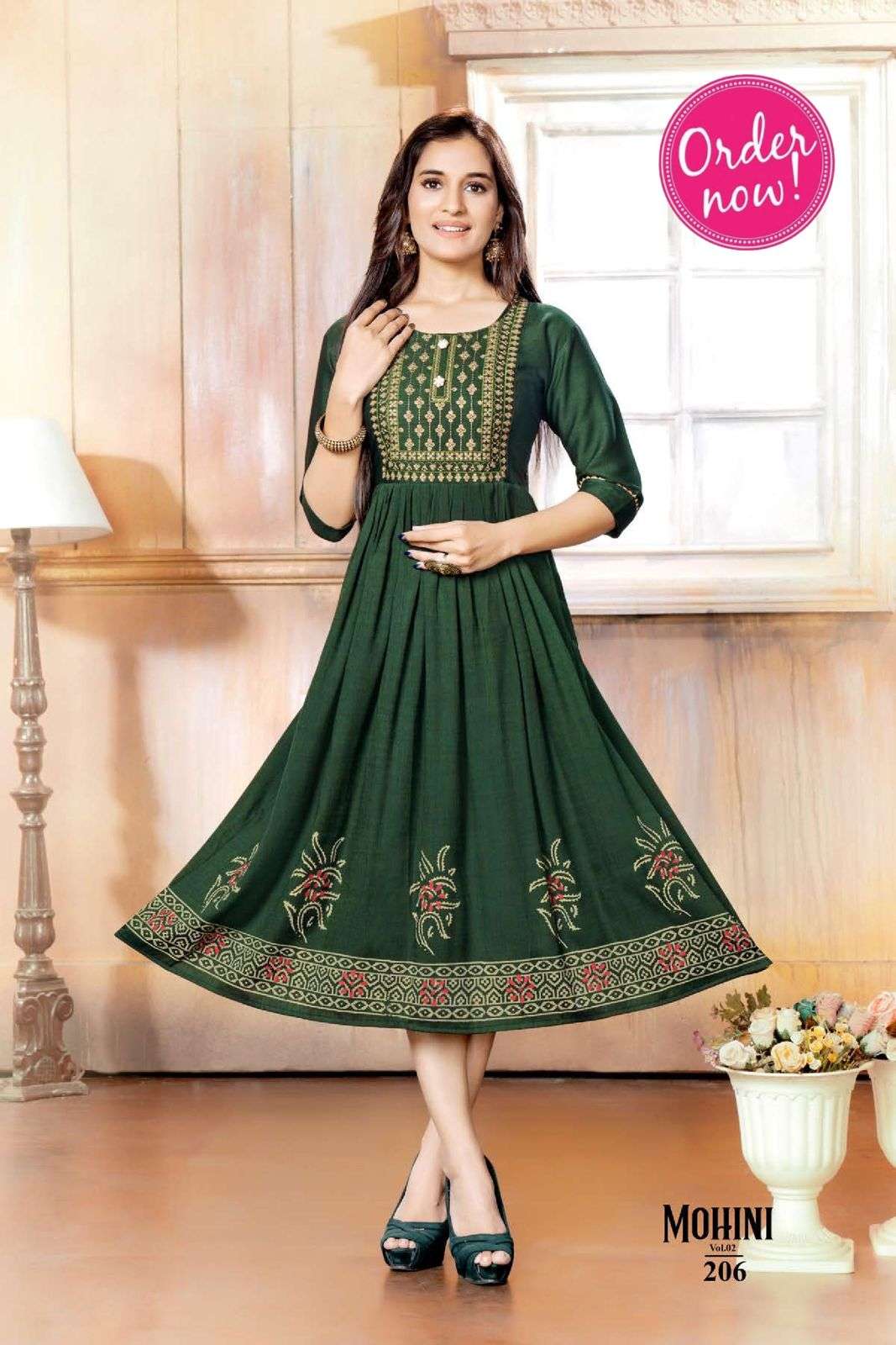 NEW RIYAA MOHINI VOL-2  HEAVY RAYON TWOTONE PRINT EMBROIDERY  WORK KURTI CATALOG WHOLESALER BEST RATE