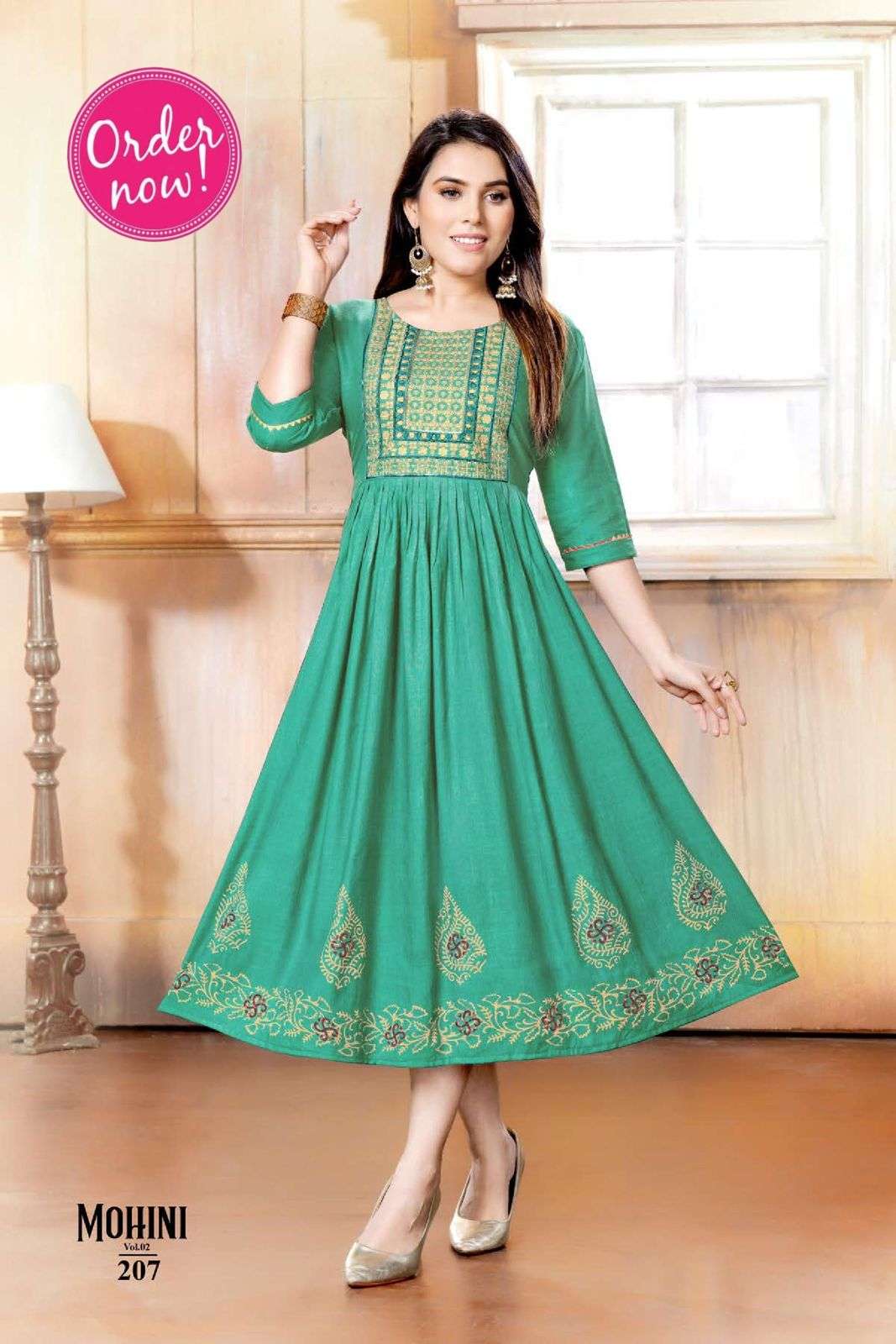 NEW RIYAA MOHINI VOL-2  HEAVY RAYON TWOTONE PRINT EMBROIDERY  WORK KURTI CATALOG WHOLESALER BEST RATE