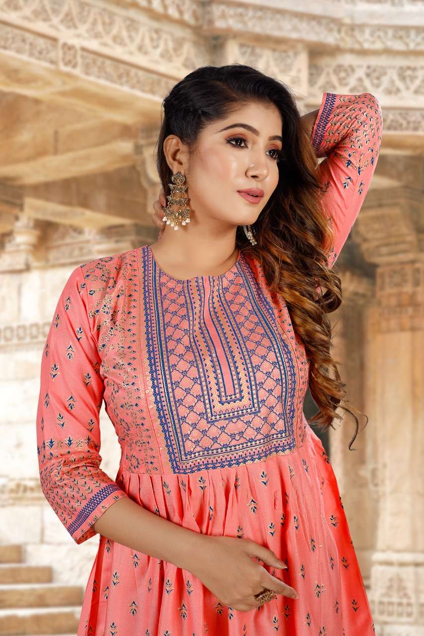 BEAUTY ANGOORI Heavy Reyon Foil Print Festive Wear Fancy Reyon Gowns KURTI CATALOG WHOLESALER BEST RATE