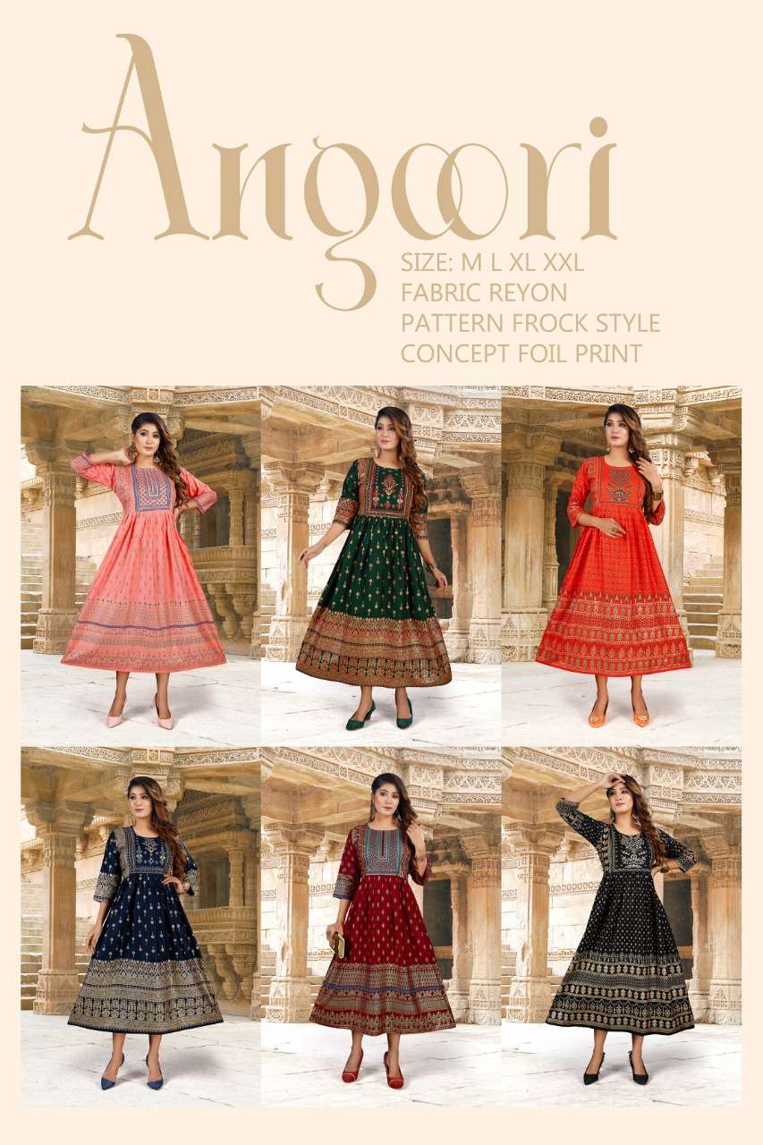 BEAUTY ANGOORI Heavy Reyon Foil Print Festive Wear Fancy Reyon Gowns KURTI CATALOG WHOLESALER BEST RATE