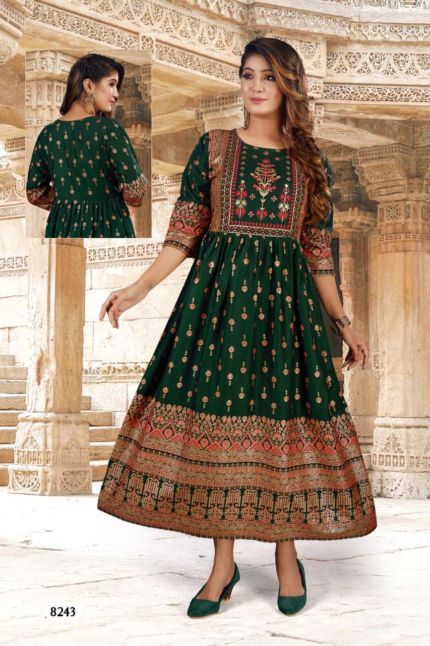 BEAUTY ANGOORI Heavy Reyon Foil Print Festive Wear Fancy Reyon Gowns KURTI CATALOG WHOLESALER BEST RATE