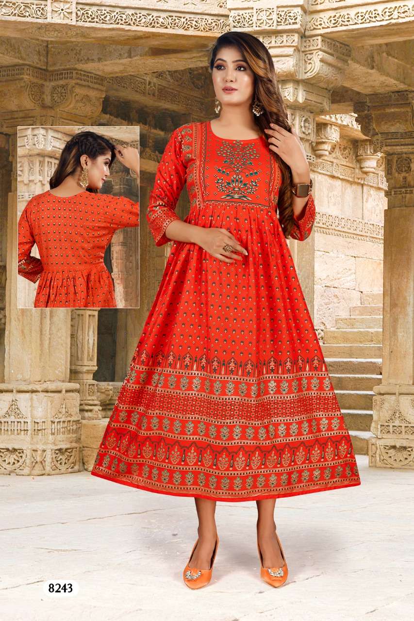 BEAUTY ANGOORI Heavy Reyon Foil Print Festive Wear Fancy Reyon Gowns KURTI CATALOG WHOLESALER BEST RATE