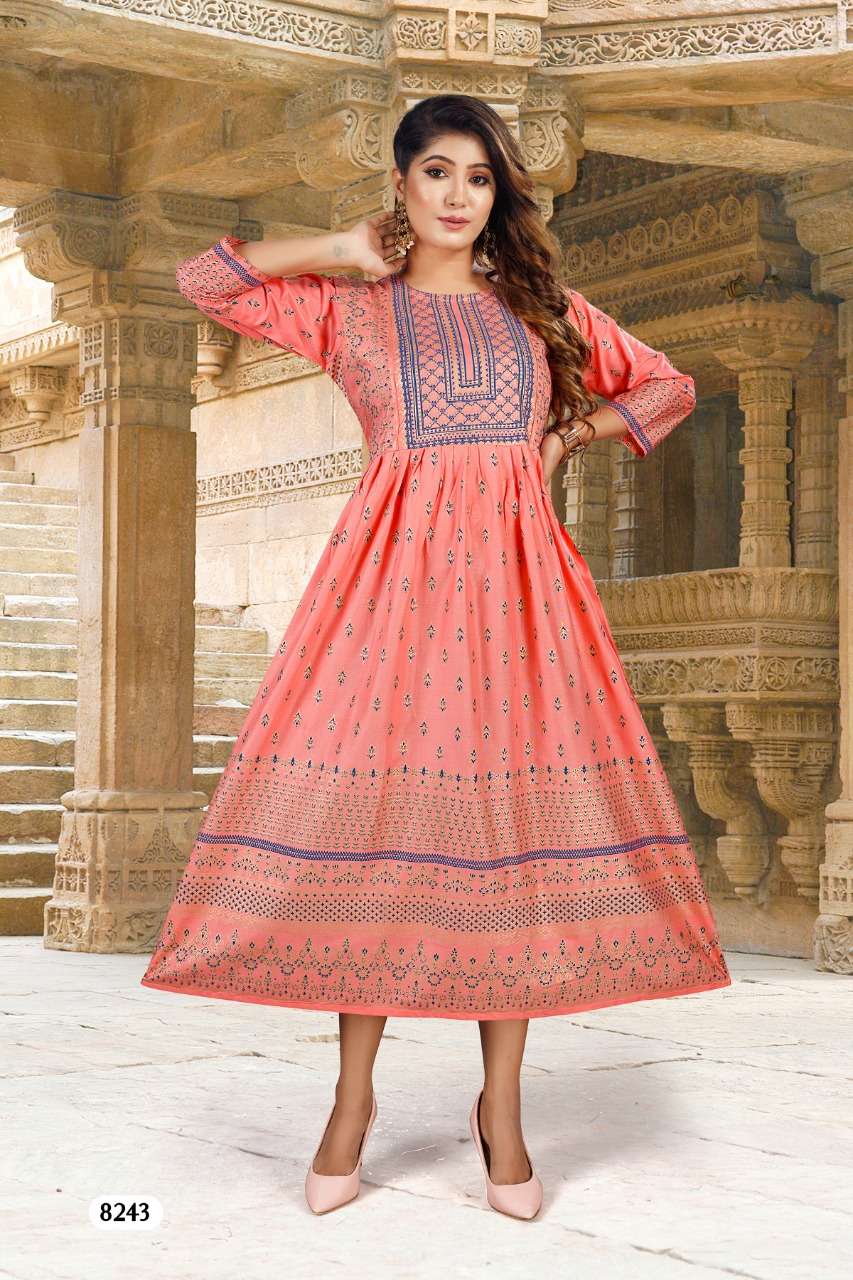 BEAUTY ANGOORI Heavy Reyon Foil Print Festive Wear Fancy Reyon Gowns KURTI CATALOG WHOLESALER BEST RATE