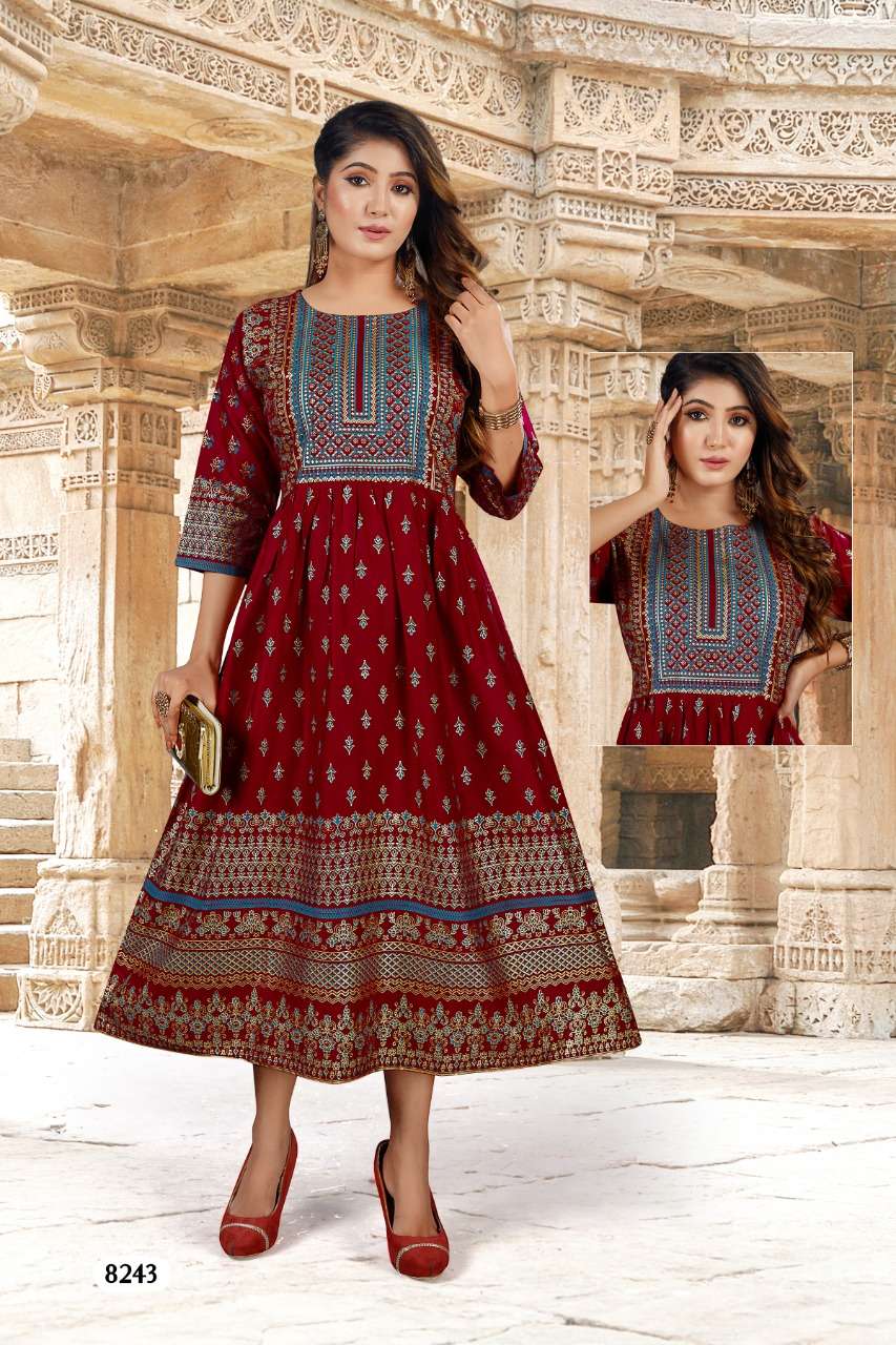 BEAUTY ANGOORI Heavy Reyon Foil Print Festive Wear Fancy Reyon Gowns KURTI CATALOG WHOLESALER BEST RATE