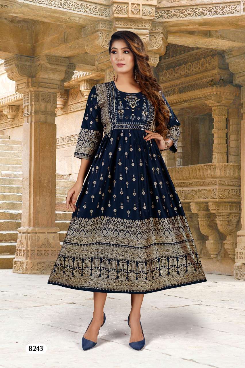 BEAUTY ANGOORI Heavy Reyon Foil Print Festive Wear Fancy Reyon Gowns KURTI CATALOG WHOLESALER BEST RATE