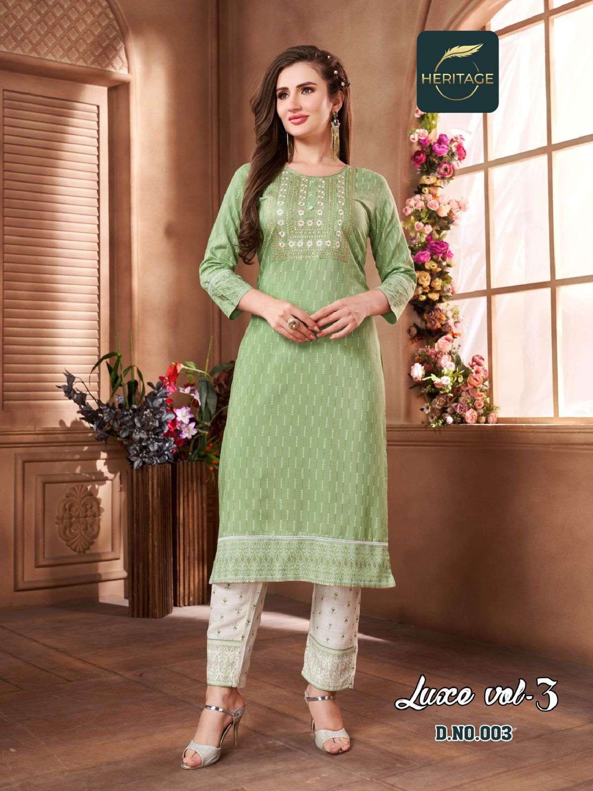 HERITAGE  LUXE VOL-3 RAYON & RAYON SLUB DESIGNER PRINTED  KURTI WITH SEQUIN EMBROIDERY WITH PALAZZO & HANDWORK & EMBELLISHMENTS CATALOG WHOLESALER BEST RATE