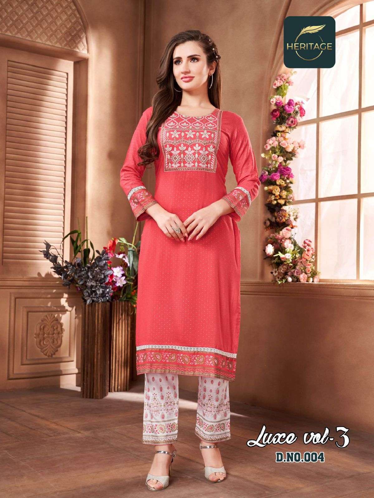 HERITAGE  LUXE VOL-3 RAYON & RAYON SLUB DESIGNER PRINTED  KURTI WITH SEQUIN EMBROIDERY WITH PALAZZO & HANDWORK & EMBELLISHMENTS CATALOG WHOLESALER BEST RATE