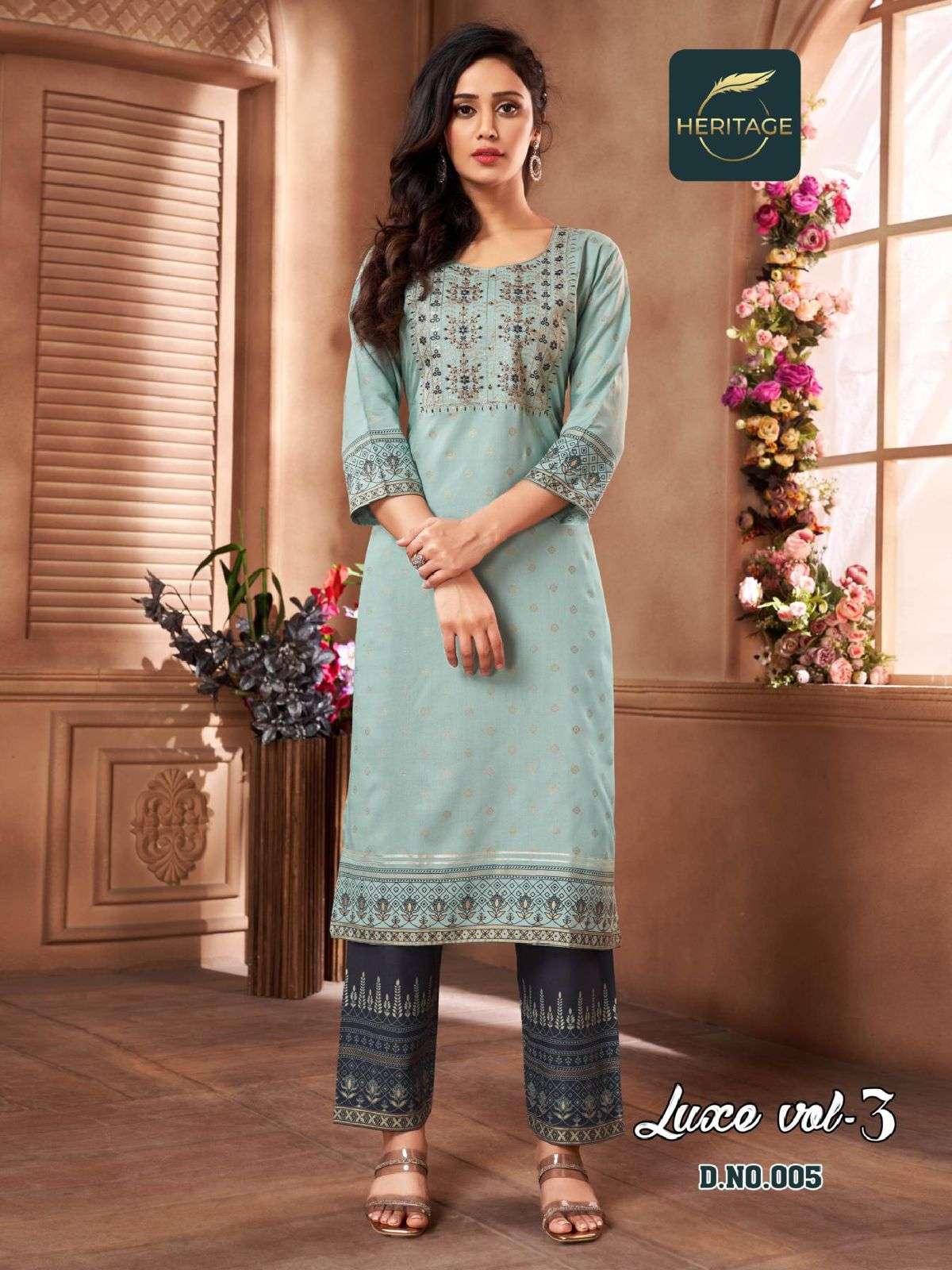 HERITAGE  LUXE VOL-3 RAYON & RAYON SLUB DESIGNER PRINTED  KURTI WITH SEQUIN EMBROIDERY WITH PALAZZO & HANDWORK & EMBELLISHMENTS CATALOG WHOLESALER BEST RATE