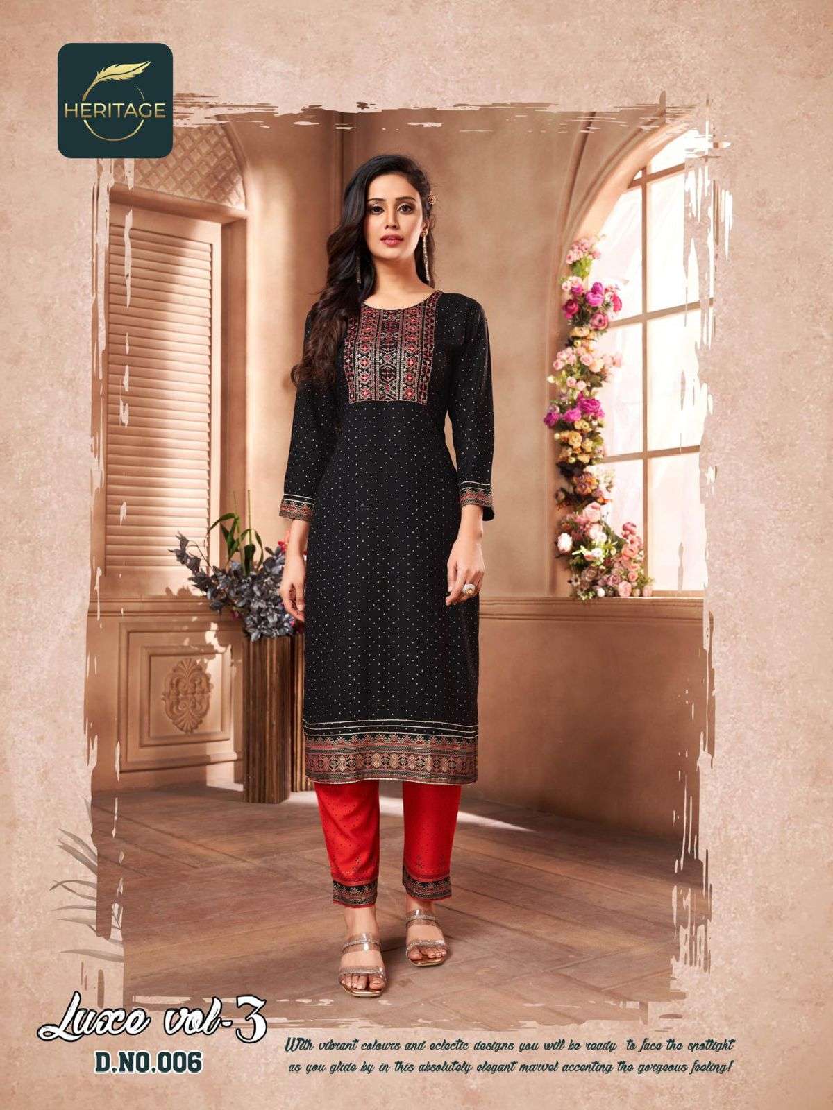 HERITAGE  LUXE VOL-3 RAYON & RAYON SLUB DESIGNER PRINTED  KURTI WITH SEQUIN EMBROIDERY WITH PALAZZO & HANDWORK & EMBELLISHMENTS CATALOG WHOLESALER BEST RATE