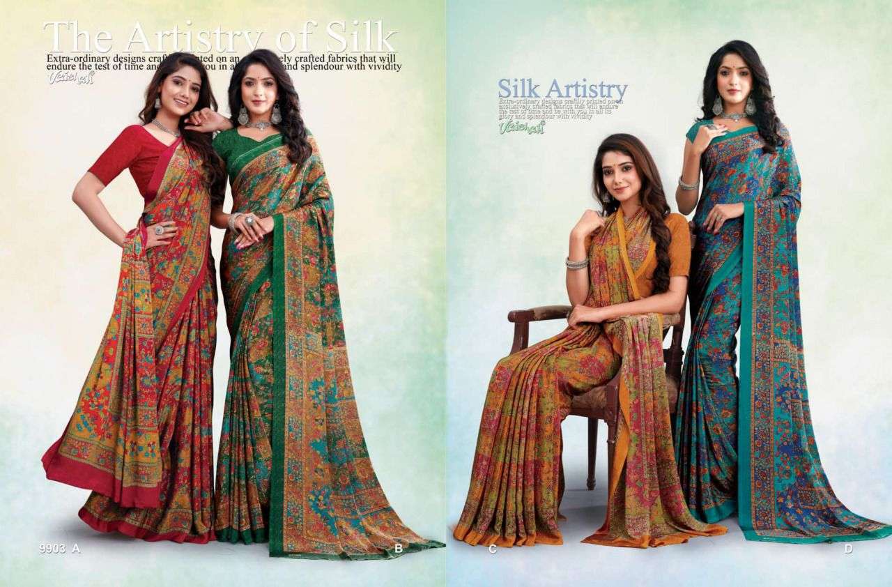 silk artistry by vaishali fashion crape silk printed beautiful saree catalogue