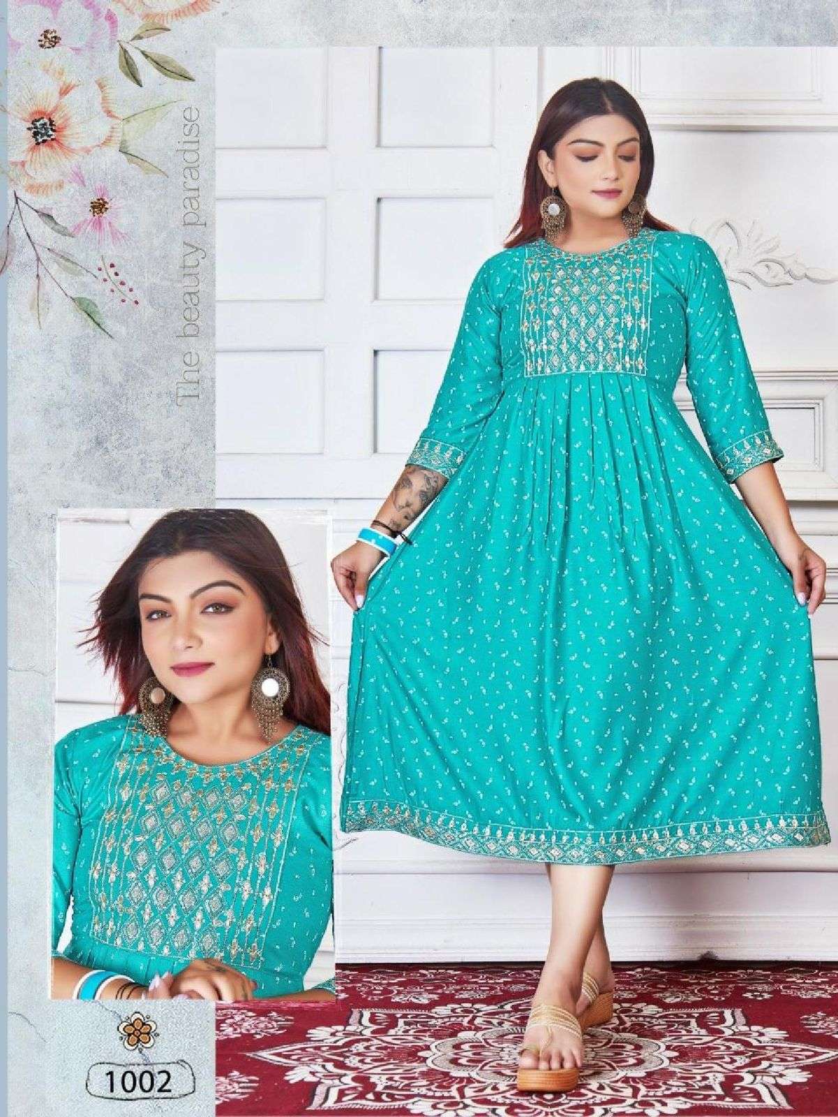 BEAUTY FLEA VOL.1 RAYON 14 KG FANCY KURTI WITH SEQUENCE WORK WITH PRINT KURTI CATALOG WHOLESALER BEST RATE