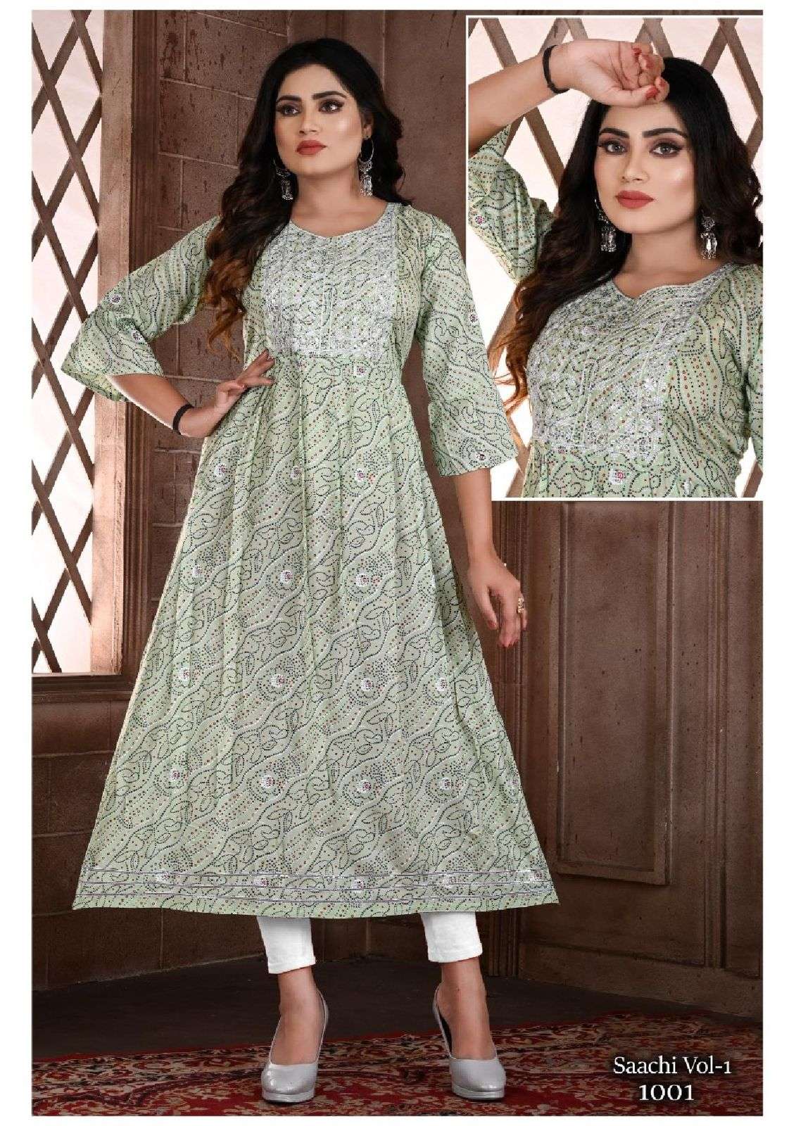 BEAUTY SAACHI VOL.1 HEAVY RAYON PRINT GHERA WITH SEQUENCE WORK KURTI CATALOG WHOLESALER BEST RATE