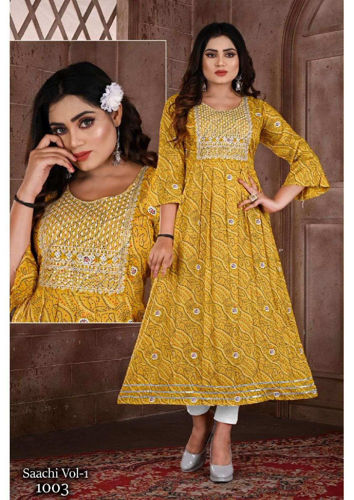 BEAUTY SAACHI VOL.1 HEAVY RAYON PRINT GHERA WITH SEQUENCE WORK KURTI CATALOG WHOLESALER BEST RATE