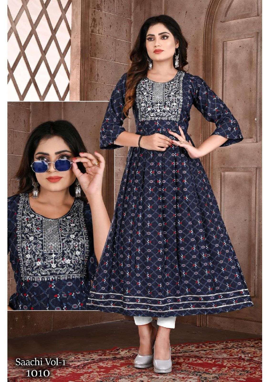 BEAUTY SAACHI VOL.1 HEAVY RAYON PRINT GHERA WITH SEQUENCE WORK KURTI CATALOG WHOLESALER BEST RATE