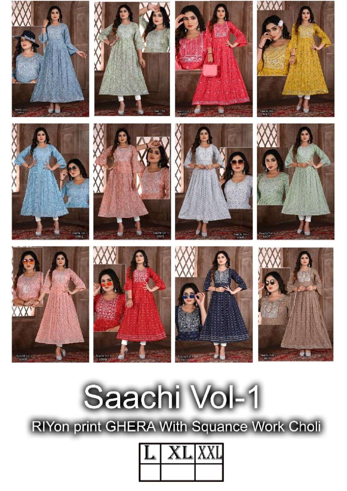 BEAUTY SAACHI VOL.1 HEAVY RAYON PRINT GHERA WITH SEQUENCE WORK KURTI CATALOG WHOLESALER BEST RATE