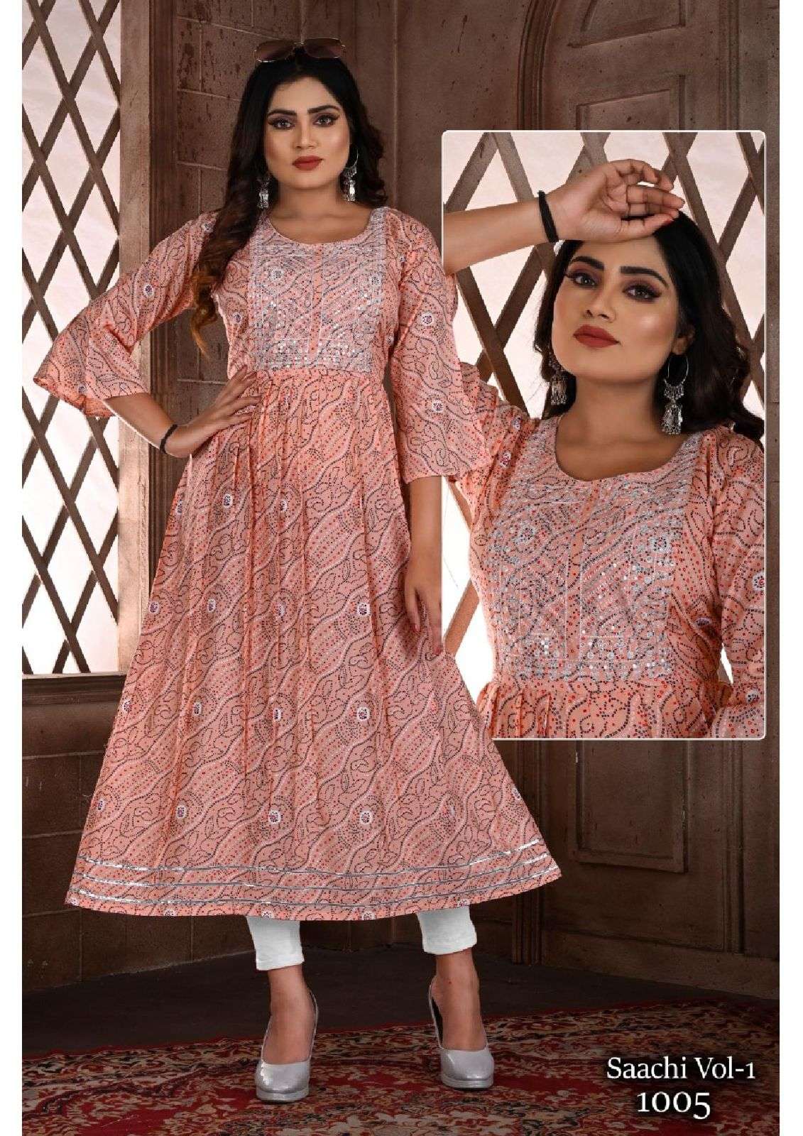 BEAUTY SAACHI VOL.1 HEAVY RAYON PRINT GHERA WITH SEQUENCE WORK KURTI CATALOG WHOLESALER BEST RATE