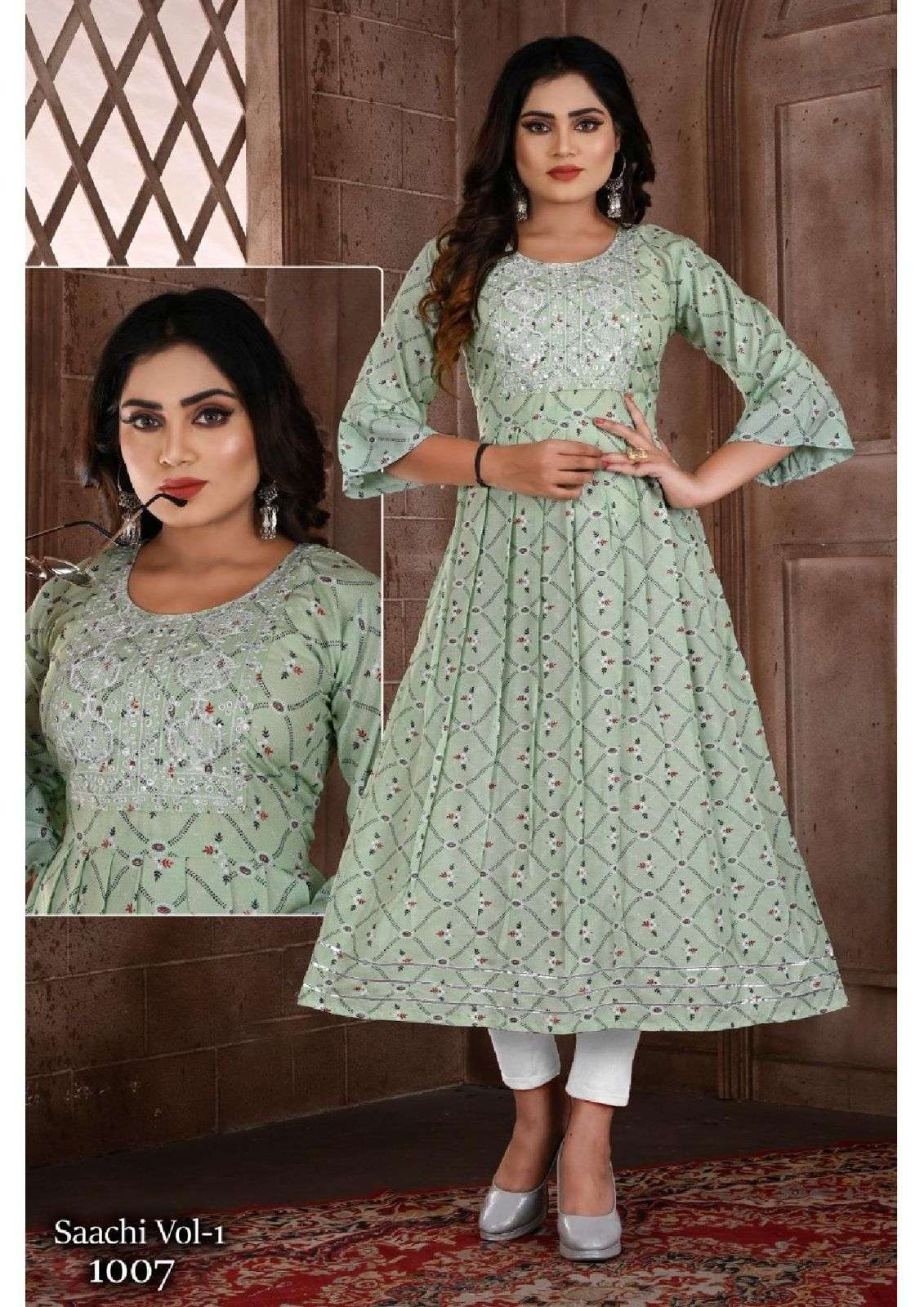 BEAUTY SAACHI VOL.1 HEAVY RAYON PRINT GHERA WITH SEQUENCE WORK KURTI CATALOG WHOLESALER BEST RATE