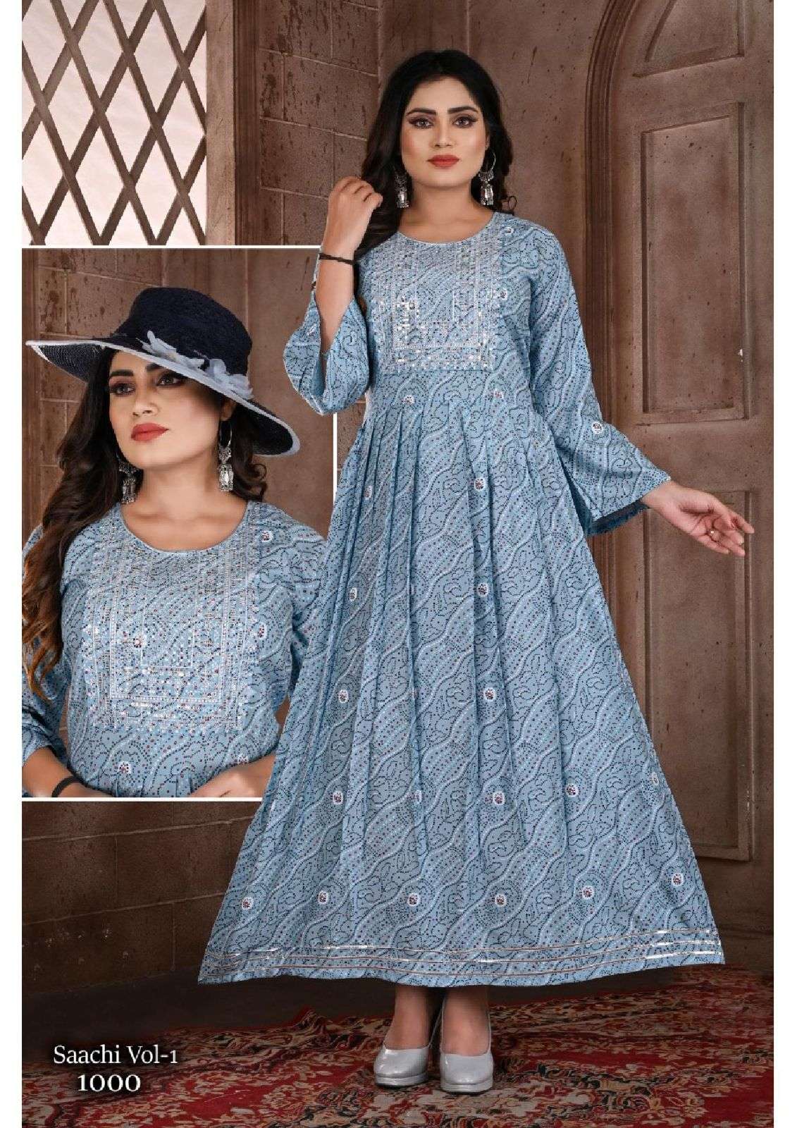 BEAUTY SAACHI VOL.1 HEAVY RAYON PRINT GHERA WITH SEQUENCE WORK KURTI CATALOG WHOLESALER BEST RATE