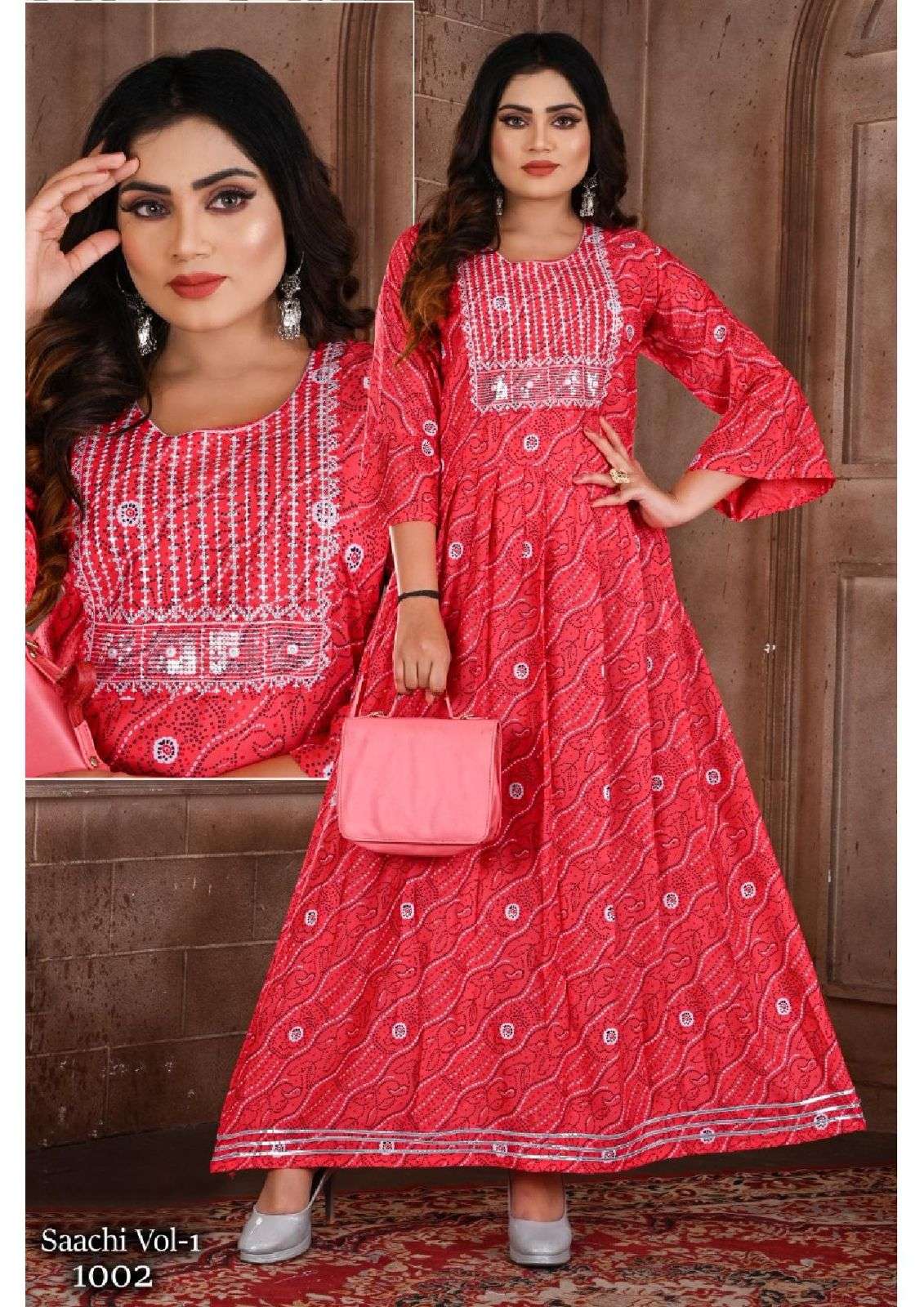 BEAUTY SAACHI VOL.1 HEAVY RAYON PRINT GHERA WITH SEQUENCE WORK KURTI CATALOG WHOLESALER BEST RATE