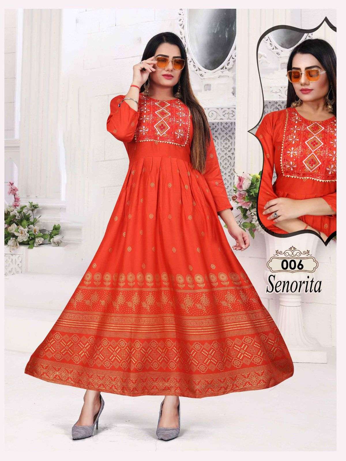 BEAUTY SENORITA VOL.2 HEAVY RAYONGOLD FOIL PRINT & EMBROIDERY WORK KURTI CATALOG WHOLESALER BEST RATE