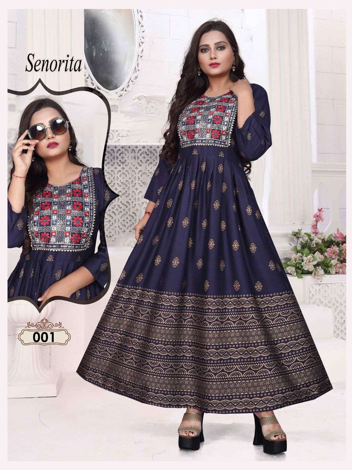 BEAUTY SENORITA VOL.2 HEAVY RAYONGOLD FOIL PRINT & EMBROIDERY WORK KURTI CATALOG WHOLESALER BEST RATE