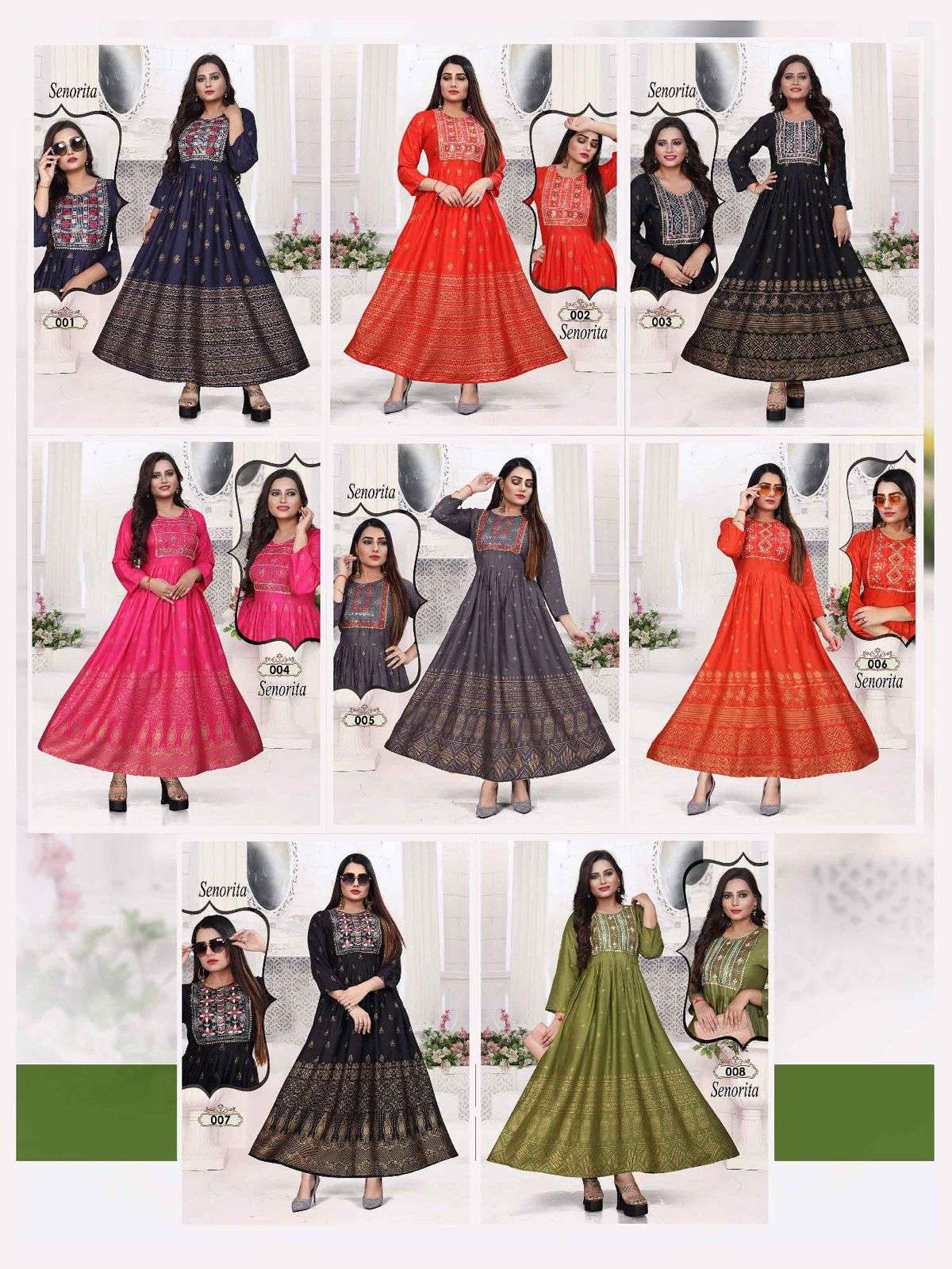 BEAUTY SENORITA VOL.2 HEAVY RAYONGOLD FOIL PRINT & EMBROIDERY WORK KURTI CATALOG WHOLESALER BEST RATE