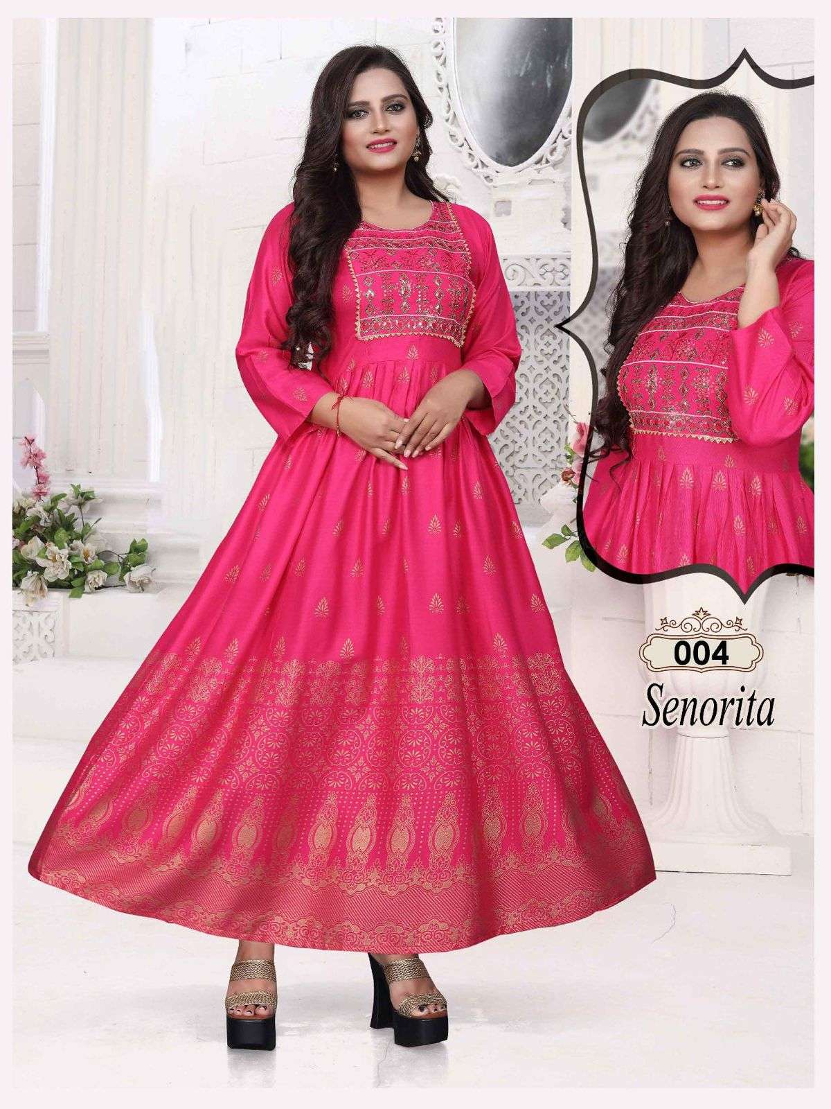 BEAUTY SENORITA VOL.2 HEAVY RAYONGOLD FOIL PRINT & EMBROIDERY WORK KURTI CATALOG WHOLESALER BEST RATE