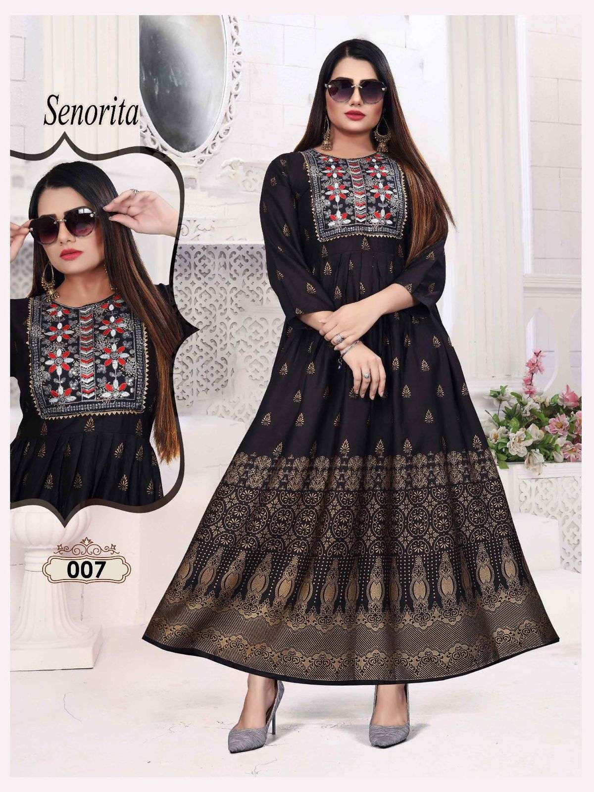 BEAUTY SENORITA VOL.2 HEAVY RAYONGOLD FOIL PRINT & EMBROIDERY WORK KURTI CATALOG WHOLESALER BEST RATE