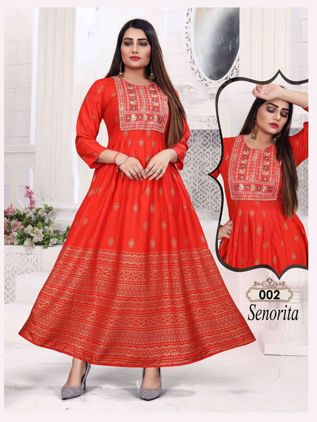 BEAUTY SENORITA VOL.2 HEAVY RAYONGOLD FOIL PRINT & EMBROIDERY WORK KURTI CATALOG WHOLESALER BEST RATE