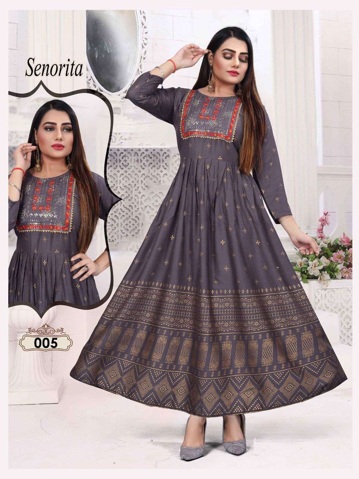 BEAUTY SENORITA VOL.2 HEAVY RAYONGOLD FOIL PRINT & EMBROIDERY WORK KURTI CATALOG WHOLESALER BEST RATE