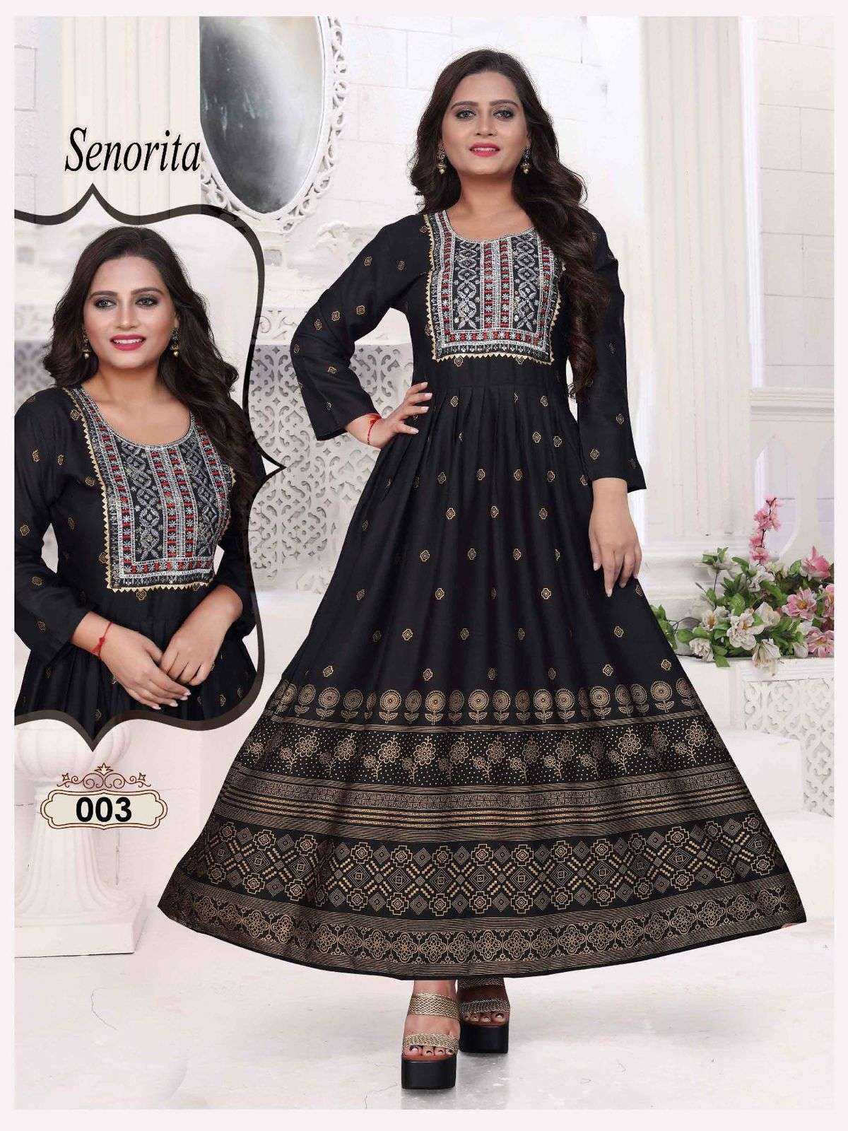 BEAUTY SENORITA VOL.2 HEAVY RAYONGOLD FOIL PRINT & EMBROIDERY WORK KURTI CATALOG WHOLESALER BEST RATE