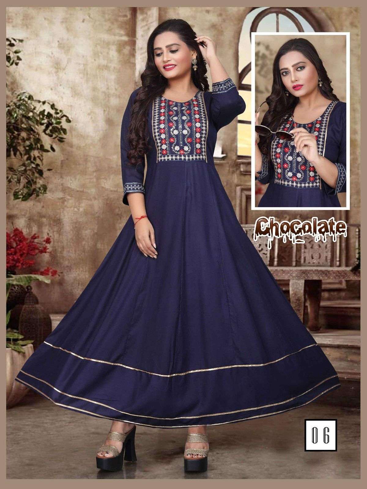 FT CHOCOLATE RAYON 14KG EMBROIDERY SEQUENCE WORK  PATTERN LONG FLAIR KURTI CATALOG WHOESALER BEST RATE