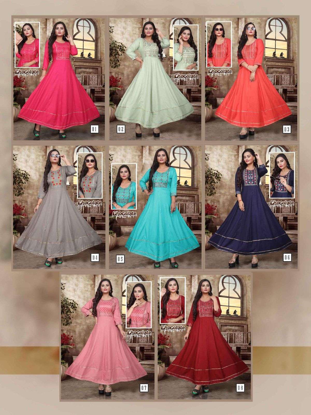 FT CHOCOLATE RAYON 14KG EMBROIDERY SEQUENCE WORK  PATTERN LONG FLAIR KURTI CATALOG WHOESALER BEST RATE