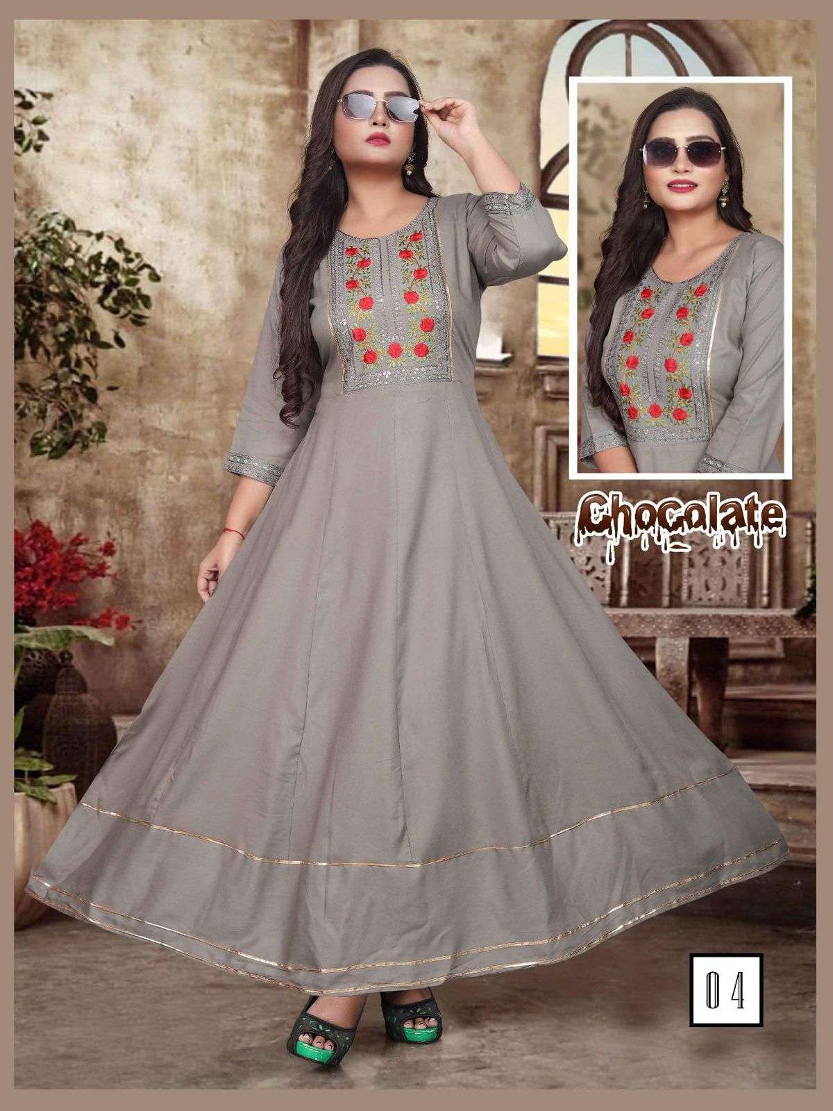 FT CHOCOLATE RAYON 14KG EMBROIDERY SEQUENCE WORK  PATTERN LONG FLAIR KURTI CATALOG WHOESALER BEST RATE