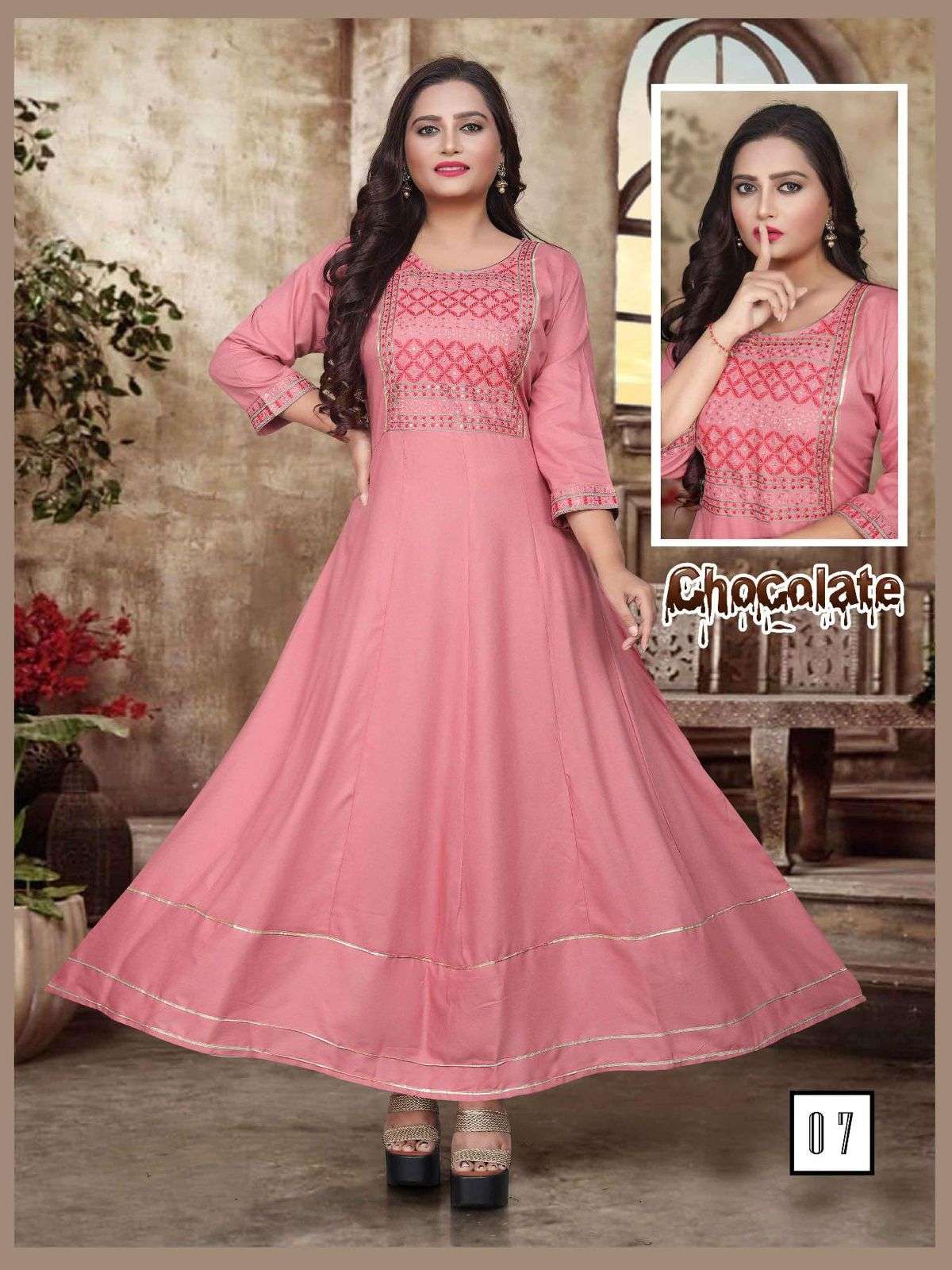 FT CHOCOLATE RAYON 14KG EMBROIDERY SEQUENCE WORK  PATTERN LONG FLAIR KURTI CATALOG WHOESALER BEST RATE